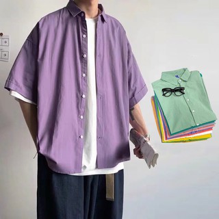 【7 colors】 M-2XL Short sleeve plain Lapel 5-sleeve shirt loose off shoulder casual preppy style Unisex shirt (1)