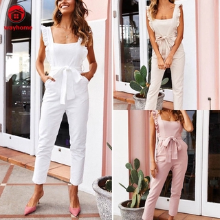 Women Shirred Frill Sleeves Jumpsuit Waist Belted Solid Color for Summer (2)