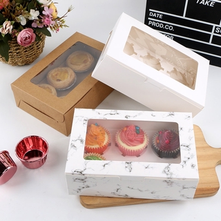Marble White 2/4/6 Cupcake Packaging Box Kraft Paper Muffin Cake Box Free Inner Support