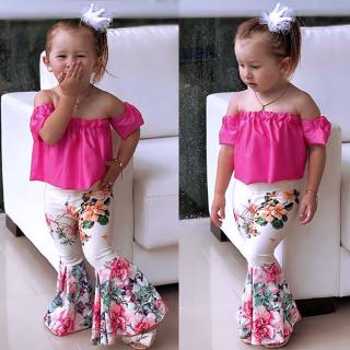 Toddler Baby Kids Girls Solid Off Shoulder Tops+Floral Pants