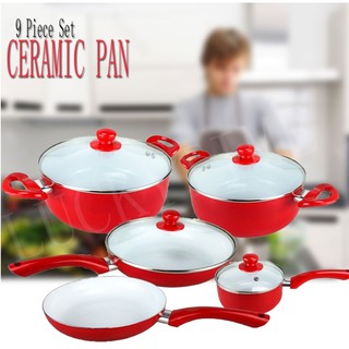 High Quality Ceramic Non-Stick Pan 9 PCS Set (Red)