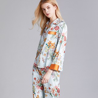 Women Pajamas thin silk printed long-sleeved Sleepwear home service suit