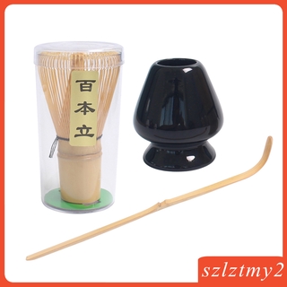 [galendale] Matcha Tea Whisk Set Bamboo Whisk+Bamboo Scoop+Ceramic Whisk Holder (1)