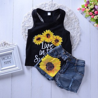 Baby Girls Sunflower Vest Suit With Flower+Denim Shorts