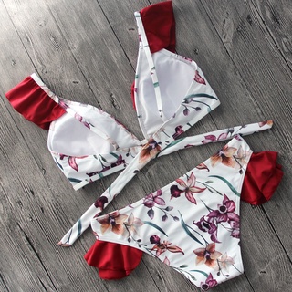 【M&M】#492/#232 Korean Fashion Cranberry Stripe Sexy Falbala Plain Bikini Padded Swimwear (3)