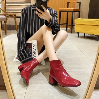 Women Square-toe Boots High Heel Thick Heel Patent Leather Short Boots Martin Boots EE516 XvFc