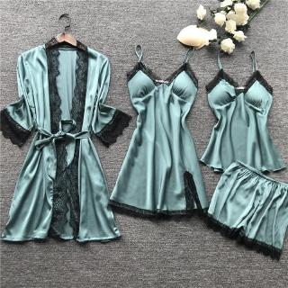 Women Pajamas Sets Satin Sleepwear Silk 4 Pieces Nightwear Spaghetti Strap Lace Sleep