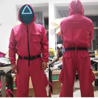 Squid game villain Red jumpsuit cosplay costume Halloween Party Wear Jumpsuits +Mask +Gloves Belts 4