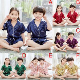 Children Kids Pajamas Terno Baju Tidur Set Boys Girls Short Sleeve Sleepwear Silk Satin Pyjamas Nightwear Clothing Home Wear