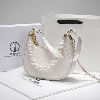 ☼卍✿Bag female 2021 new trendy fashion pearl chain portable female bag shoulder underarm crescent bag