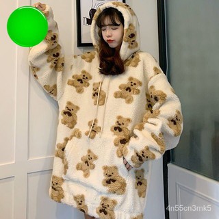 Women Hooded Sweatshirt Lamb Wool Velvet Bear Hooded Sweater Loose Korean Lazy Style Autumn and Wint