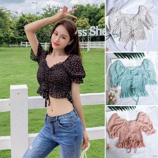 Ready stock Women's Chiffon Crop Tops Floral Print Square Collar Sweet Pleated T-Shirts Korean top christmas curtain couple watch (3)