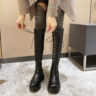 Black Flat Boots Women Knight Slimmer Look But Knee Long Lace-Up Elastic