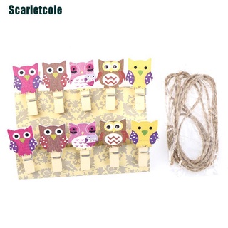 [Scarletcole] 10pcs Owl wooden clips with hemp rope photo clip wood paper clip for bag DIY tools