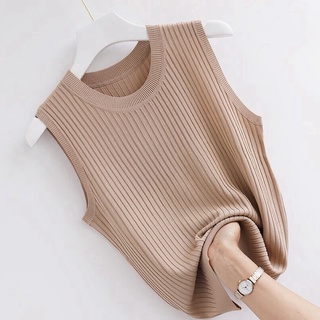 Knitted camisole women's inner bottoming shirt short striped wide shoulder strap round neck sleeveless thin top