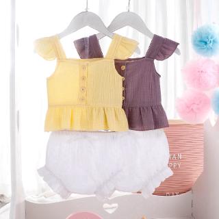 Summer Newborn Clothes Set Kids Baby Girl Fly Sleeve Button Tank Tops+Bow PP Shorts Ruffle Outfits Polo Shirt Sunsuit Clothes set (3)