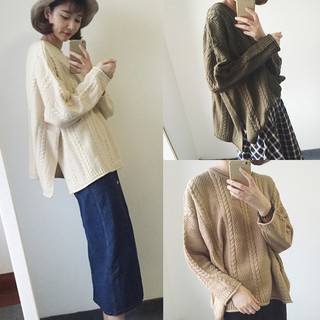 【Ready stock 】Korean Top Loose Style Side Slit Solid Color Knit Pullover Fashion Casual Long Sleeve Sweater (3)