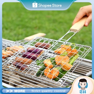 ☆ZH☆Non stick Stainless steel Barbeque fish meat grill mesh with clamp and wooden handle outdoor