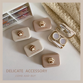 Ship 24H! Milk Tea Warm Color ~ Ins Cosmetic Contact Lens Case Small Portable Double Partner Box Contact Lens Box Cute Cat Claw With Tools Mirror Set