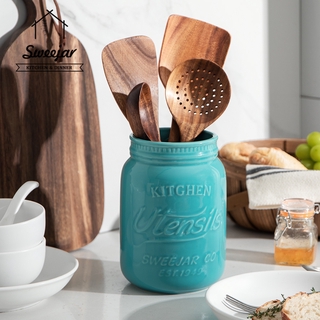 Sweejar Ceramic Utensil Holder Crock with Embossed Style Spatul Kitchenware Jar Multifunctional Flower Vase