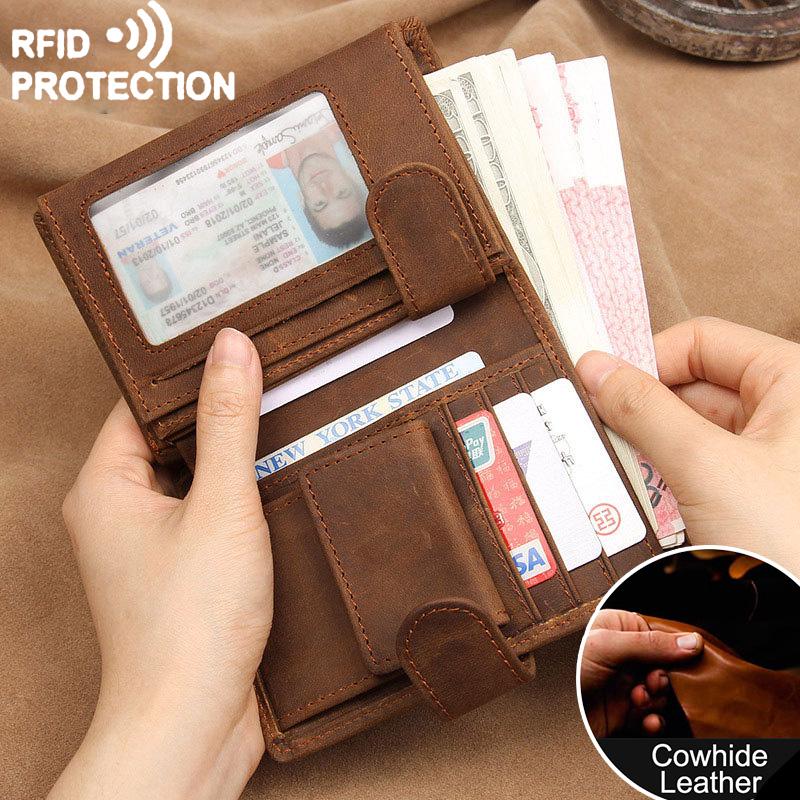 RFID Wallet Men Genuine Leather Short Vintage Trifold Purse
