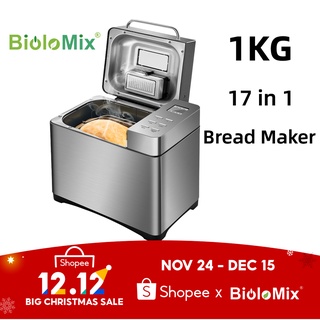 BioloMix 17-in-1 Programmable Stainless Steel Bread Machine with Fruit Nut Dispenser, Teflon Nonstick1kg Bread/650w