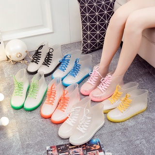 【Ready Stock】Transparent flat-bottomed jelly rain boots crystal rain boots waterproof shoes rubber s
