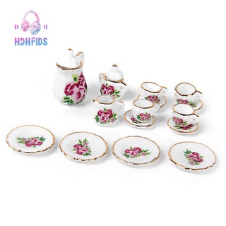 🎧15 pieces Porcelain tea set Dollhouse miniature foods Chinese rose dishes cup