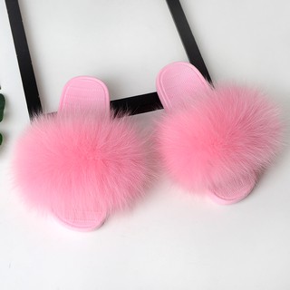 Women Fashion Furry Real Fox Fur Sippers Ladies Fluffy Fur Jelly Slides Sweet Pink Soles Fur Shoes