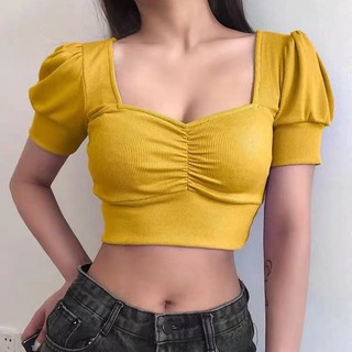 Kily.PH Crop Top for Women Cinched Cut V-neck Knitted Tops Basic Shirt 6A0092 (1)