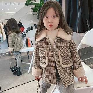 ☜◄Autumn and winter girls woolen coat Western-style houndstooth fur collar quilted thickened baby warm plaid