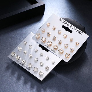 9 Pairs/set Mix Design Square Crystal Stud Earrings Piercing Gold Silver Color Fashion Earrings For Women