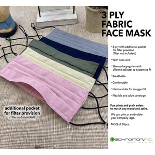 Garantiya ng pagiging tunay 3 PLY Fabric Face Mask with ADJUSTER, NOSE WIRE & POCKET (High Quality)