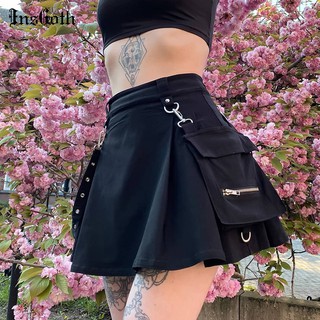 InsGoth Harajuku Punk Gothic Black High Waist Black Skirts Women Sexy Patchwork Bandage Mini Skirt F