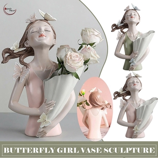 New creative resin cartoon butterfly girl decoration bedroom decoration sculpture vase birthday gift girl holding flower cute decoration