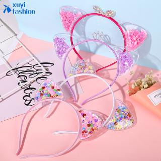 Cute Cat Ear Hairband Pink Sequins Fashion Transparent Crown Bow Knot Women Hair Accessories Gift
