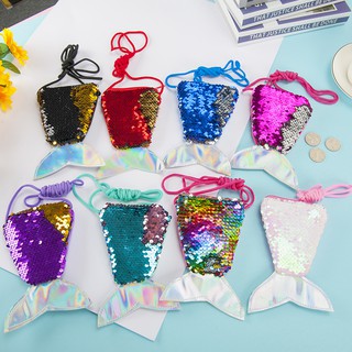 Mermaid tail shape sequined lanyard coin purse, children's diagonal long rope coin purse, cute small purse.