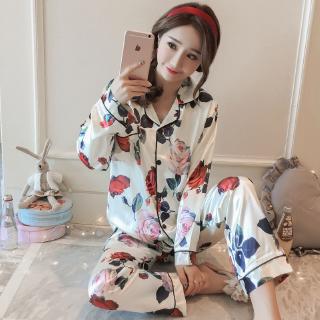 Spring and Autumn Girls Korean Silk Long Sleeve Sleepwear Rose Printed Home Clothes