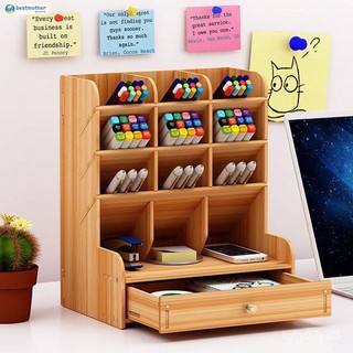 1eCU Self-assembly Bamboo Wooden Desk Organizer, Multi-Functional DIY Pen Holder Box, Office Supply