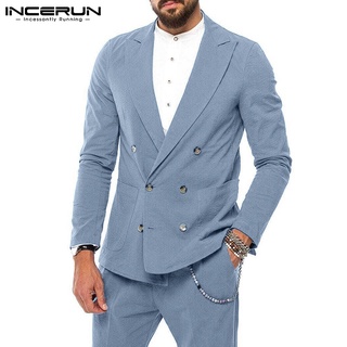 INCERUN Men Fashion Double-breasted Long Sleeve Solid Color Lapel Casual Blazer