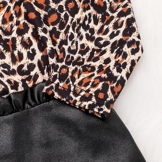 Baby Girl Leopard Tops T-Shirt Ruffle Leather +Zipper Hip Skirt Dress Set (5)
