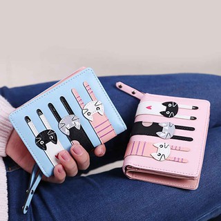 Women PU Leather Short Three Cats Bifold Clutch Wallet Card Holder Purse (4)