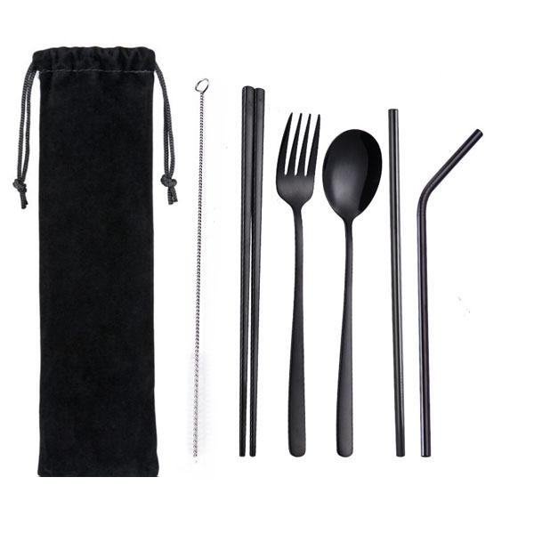 7pcs Metal Straw Spoon Fork Chopsticks 304 Food Stainless Steel Reusable Dinnerware Tablewear Tools (3)