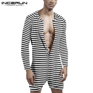 INCERUN Men Casual Striped Long Sleeve Button Up Bodysuit Stretch Short Jumpsuit