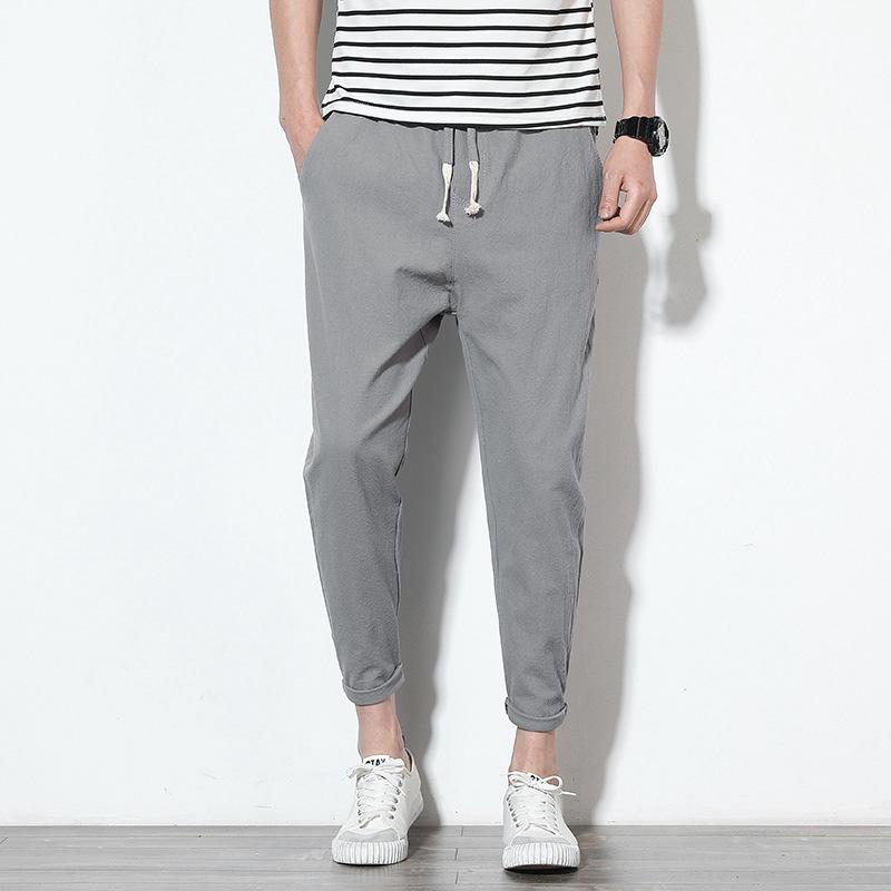 Mens Cotton Linen Solid Color Slim Fit Casual Pants (9)