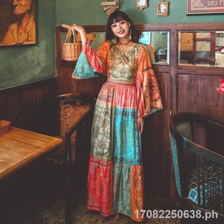 【Original & In stock】Real shot ethnic style trumpet sleeves hit color round neck three-quarter sleeves slimming waist color retro holiday dress