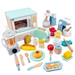 Baby Pretend Play Wood Kitchen Toys Simulation Oven Toasters Bread Maker Coffee Machine Blender Baking Kit Game Toys for Girls
