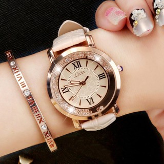 Women Stainless Flowing Crystal Dial Quartz Watch Analog PU Leather Wrist Watch