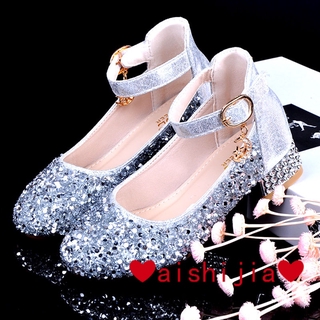 ready stock ❤ aishijia ❤ 【26--38】Girls Princess Shoes2020New Spring and Autumn Girl Children's High Heels Purple Crystal Shoes Pink Student Shoes Girls Leather Shoes Bowknot Princess High Heels Crystal Shoes (4)