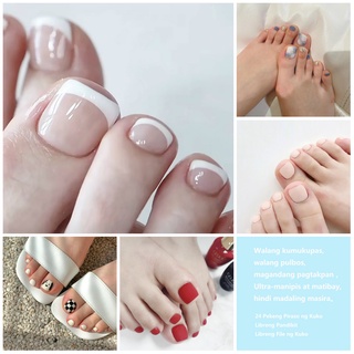 【24Pcs/Set With Glue】Fake Toe Nail Art Set With Design Summer Toe Nails French Nails Wearable Nails Detachable Nude Nail